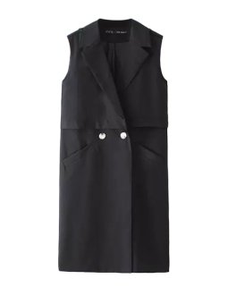 Sleeveless Button Straight Longline Vest Coat Black  