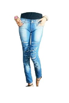 Slim and Fit Jeans Destroy 0195 - Korean Style Ripped Jeans Women - Biru-Putih  