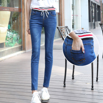 'Slim Diary Korean Fashion Prettys'' Elastic Waist Pencil Pants Jeans(Color:Dark Blue) - intl'  