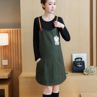 Small Wow Maternity Casual Round Solid Color Cotton Loose Above Knee two-piece Dress Green - intl  