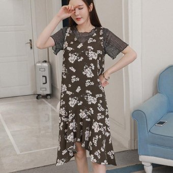 Small Wow Maternity Daily O-neck Print chiffon Two Suits Loose Short Dress Army Green - intl  