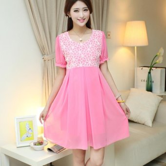 Small Wow Maternity Daily Round Stitching Contrast Color chiffon Above Knee Dress Hotpink - intl  