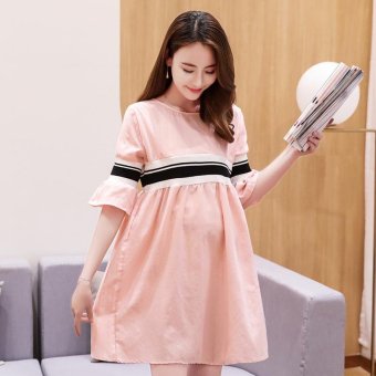 Small Wow Maternity Daily Round Stitching Contrast Color Cotton Above Knee Dress Pink - intl  