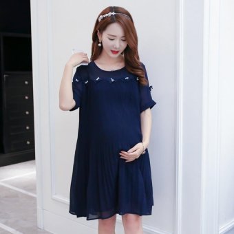 Small Wow Maternity Elegant Round Solid Color chiffon Above Knee Dress Dark Blue - intl  