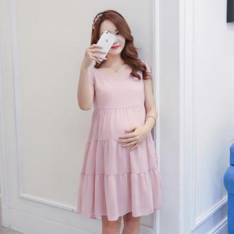 Small Wow Maternity Fashion Round Solid Color chiffon Above Knee Dress Pink - intl  