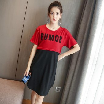 Small Wow Maternity Fashion Round Stitching Contrast Color Cotton Loose Above Knee Dress Red - intl  