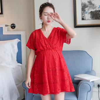 Small Wow Maternity Fashion V-neck Solid Color Lace Above Knee Dress Red - intl  