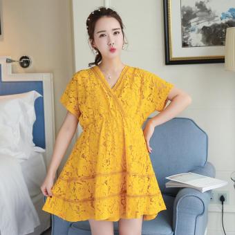 Small Wow Maternity Fashion V-neck Solid Color Lace Above Knee Dress Yellow - intl  