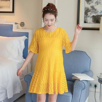 Small Wow Maternity Going Out Round Solid Color Lace Above Knee Dress Yellow - intl  