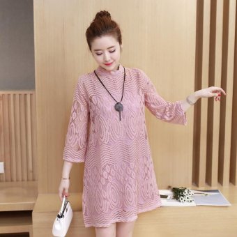 Small Wow Maternity Going Out Stand Neck Solid Color Lace Above Knee Dress Pink - intl  