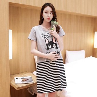 Small Wow Maternity Korean Round Print Cotton Above Knee two-piece Dress Grey - intl  