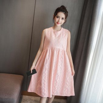 Small Wow Maternity Korean Round Solid Color Lace Loose Above Knee Dress Pink - intl  