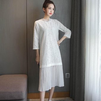 Small Wow Maternity Korean Round Stitching Contrast Color Lace Short two-piece Dress Beige - intl  