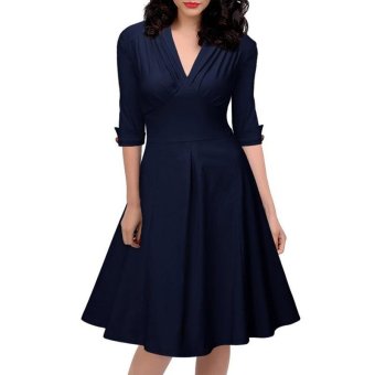 Small wow Women's 3/4 Sleeve Fashion Solid Color Slim Vintage Dresses Blue - intl  