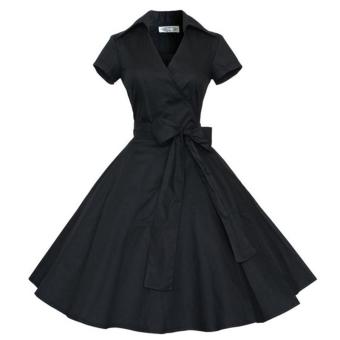 Small wow Women's Short Sleeve Korean Solid Color Slim Vintage Dresses Black - intl  