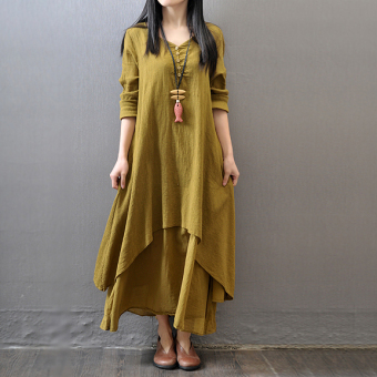 Solid Linen womens V-neck Long Dress Green - intl  