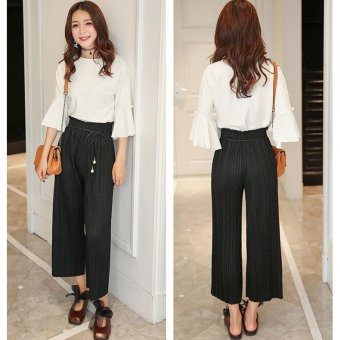 Spring and summer new pleated loose high waist nine points wide leg pants(Black) - intl  