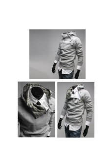 Spring Autumn Fur Collar Oblique Zipper Slim Fit Men's Fleece Hoodie Jacket Sweatshirt - Size XXXL Light Grey  