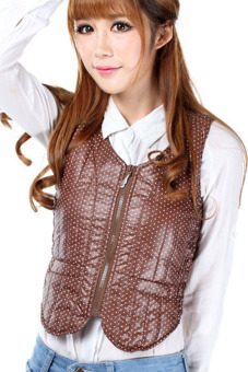 Spring Autumn Polka Dots Slim Down Jacket Vest (Brown)  