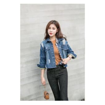 Spring Autumn Women Denim Jacket Coat Casual Hollow Out Holes Zipper Jeans Coat Tops Denim Outwear for Female New - intl  