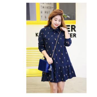 'Spring large size women ''s shirt dress cotton long - sleeved lapel half - open plus size Shift Dresses blue - intl'  