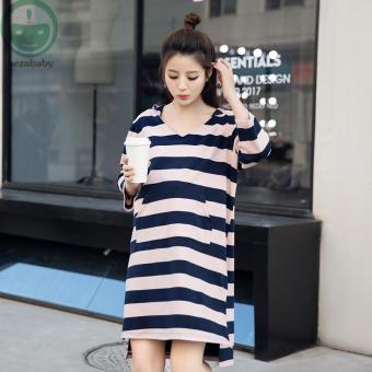 Spring New Style Pink Fashion Maternity Dresses Loose Hoodie Maternity Clothing V-Neck Striped Maternity Dresses BB113 - intl  