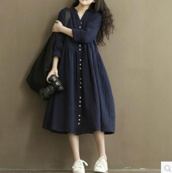 spring of 2017 new large size Korean women fat MM cotton long sleeved long retro dress art?dark blue? - intl  