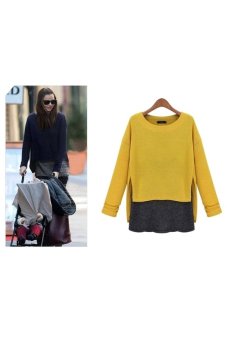 Spring Round Neck Long Sleeve Women's Stitching False Two Piece Medium-long T-shirt Tops - Size XXL Yellow  