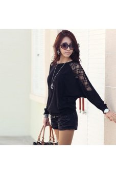 Spring Summer Round Neck Batwing Long Sleeves Women's Loose Lace T-Shirt Blouse Tops - Size L Black  