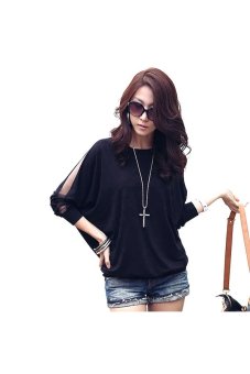 Spring Summer Round Neck Mesh Batwing Long Sleeves Women's Loose T-shirt Blouse Tops - Size XL Black  