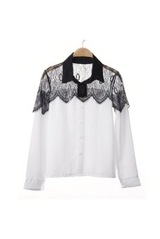 Spring Summer See-through Black Lace Splicing Women's Long Sleeve Chiffon Shirt Blouse Tops - Size S White  