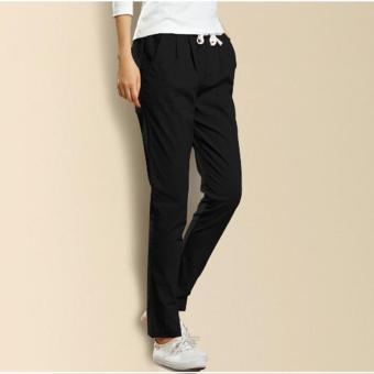 Spring Summer Women Linen Cropped Pants Female Harem Pant Elastic Waist Casual Trousers(Black) - intl  