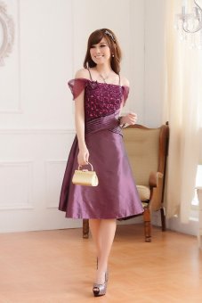 Stain Knee-length Bridesmaid Plus Size Wedding Evening Gowns Party Dress (Purple)  