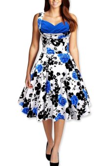 Stylish Lady Women Retro Hepburn Wrapped Chest Sleeveless Floral Printed Mid-calf Length Party Cocktail Evening Dress (blue Floral ) - intl  