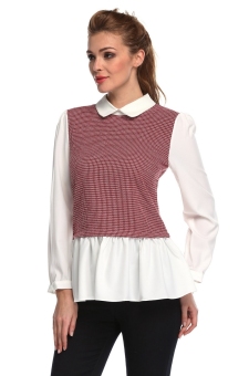 Stylish Lady Women's Casual Plaid Long Sleeve Lapel Patchwork Tops Blouse Long Shirt - intl  