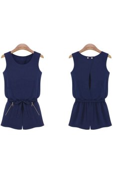 Summer 2-Zipper Decor Round Neck Sleeveless Women's Casual Chiffon Short Jumpsuit - Size S Dark Blue - Intl  