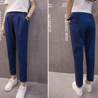 Summer and Autumn New Cotton Pants Nine Womens Leisure Pants Loose Tight Waist Fat Mm Code Haren Pants (blue) - intl  