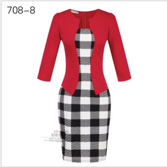 Summer Dress Style Dresses 2016 Bodycon Women Fashion Sheath Sexy Office Lady Flower Patchwork Tunic Patchwork One Piece Dress?Check + red? - intl  