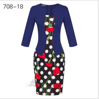 Summer Dress Style Dresses 2016 Bodycon Women Fashion Sheath Sexy Office Lady Flower Patchwork Tunic Patchwork One Piece Dress?Dot roses + navy blue grid? - intl  