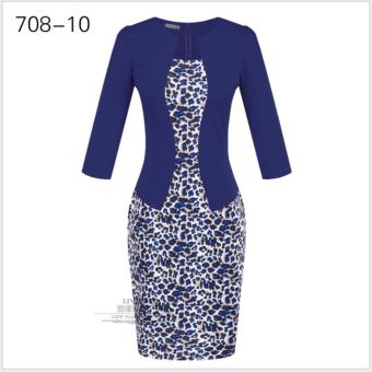 Summer Dress Style Dresses 2016 Bodycon Women Fashion Sheath Sexy Office Lady Flower Patchwork Tunic Patchwork One Piece Dress?Leopard + navy blue grid? - intl  