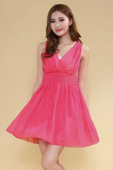 Summer Elegant Women Slim Fit Deep V-Neck Chiffon Sleeveless Mini Party Dress (Rose Red) (Intl) - intl  