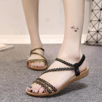 Summer Korean Women Fashion Woven Belt Flat Sandals Roman Shoes (Black) - intl  
