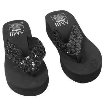 Summer Ladies Womens Girls Sequin Flatform Wedge Flip Flops Shoes Beach Sandals (Black)   