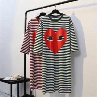 Summer Loose Large Code Striped Long Heart Printed T-shirt Dress (dark green) - intl  