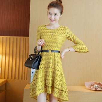 Summer models 2017 spring new women Korean fashion lace dress spring and autumn skirt summer lotus leaf skirt (Yellow) - intl  