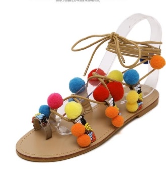 Summer new Bohemian style candy color hair ball flat with lace-up toe sandals(Beige) - intl  