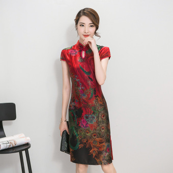 Summer New Short-sleeved Printed Silk Slim Was Thin Elegant Skirt Black - intl  