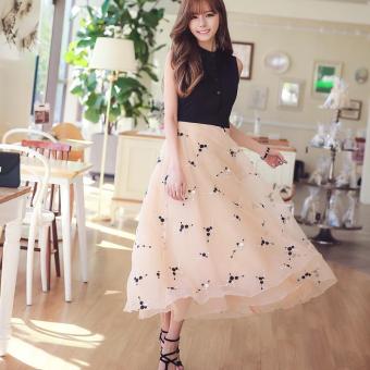 Summer Women High Waist Long Skirt Sleeveless Hit Color Stitching Embroidery European Root Dress F6670 - intl  