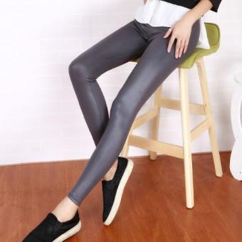 Summer Women Leggings Candy Color Imitation Leather Pants Slim Thin Pencil Nine Pants (Dark Grey) - intl  