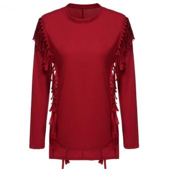 Sunweb Fashion Women Casual Batwing Long Sleeve Fringe Tassel Asymmetric Irregular Hem T Shirt Tops Jumper Shirt Blouse ( wine red ) - intl  